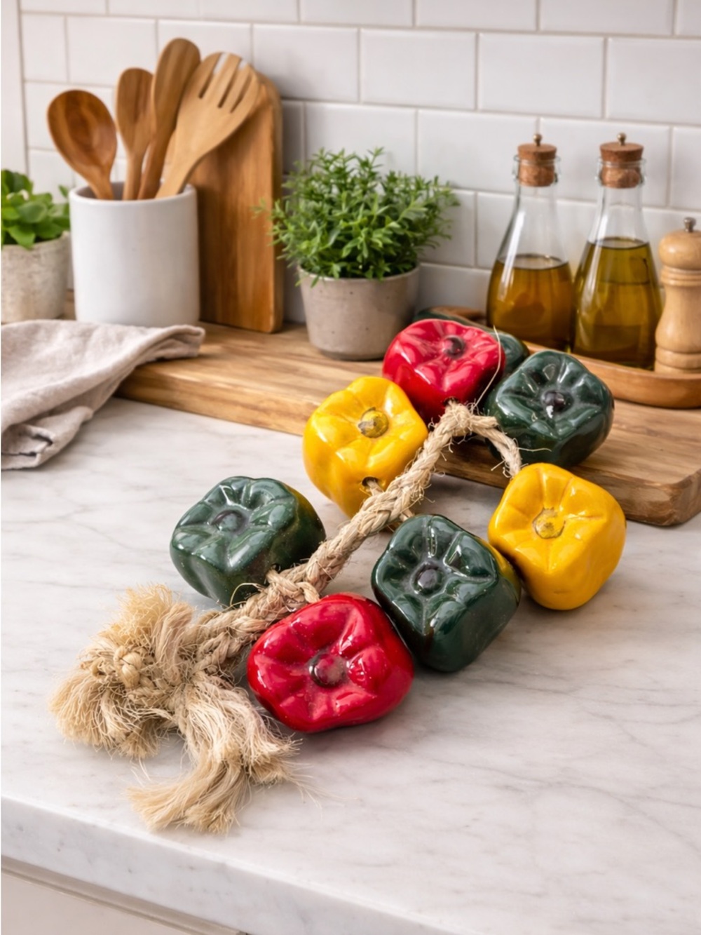 Cottage Core Ceramic Bell Peppers on Braided Rope/7 Peppers